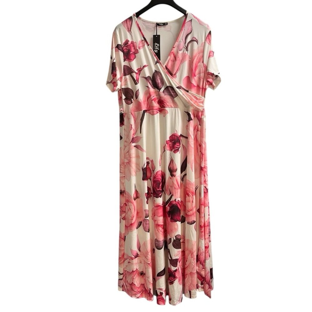 Lily by Firmiana Dress Womens 1XL Pink Roses Floral Faux‎ Wrap Maxi Jersey Knit